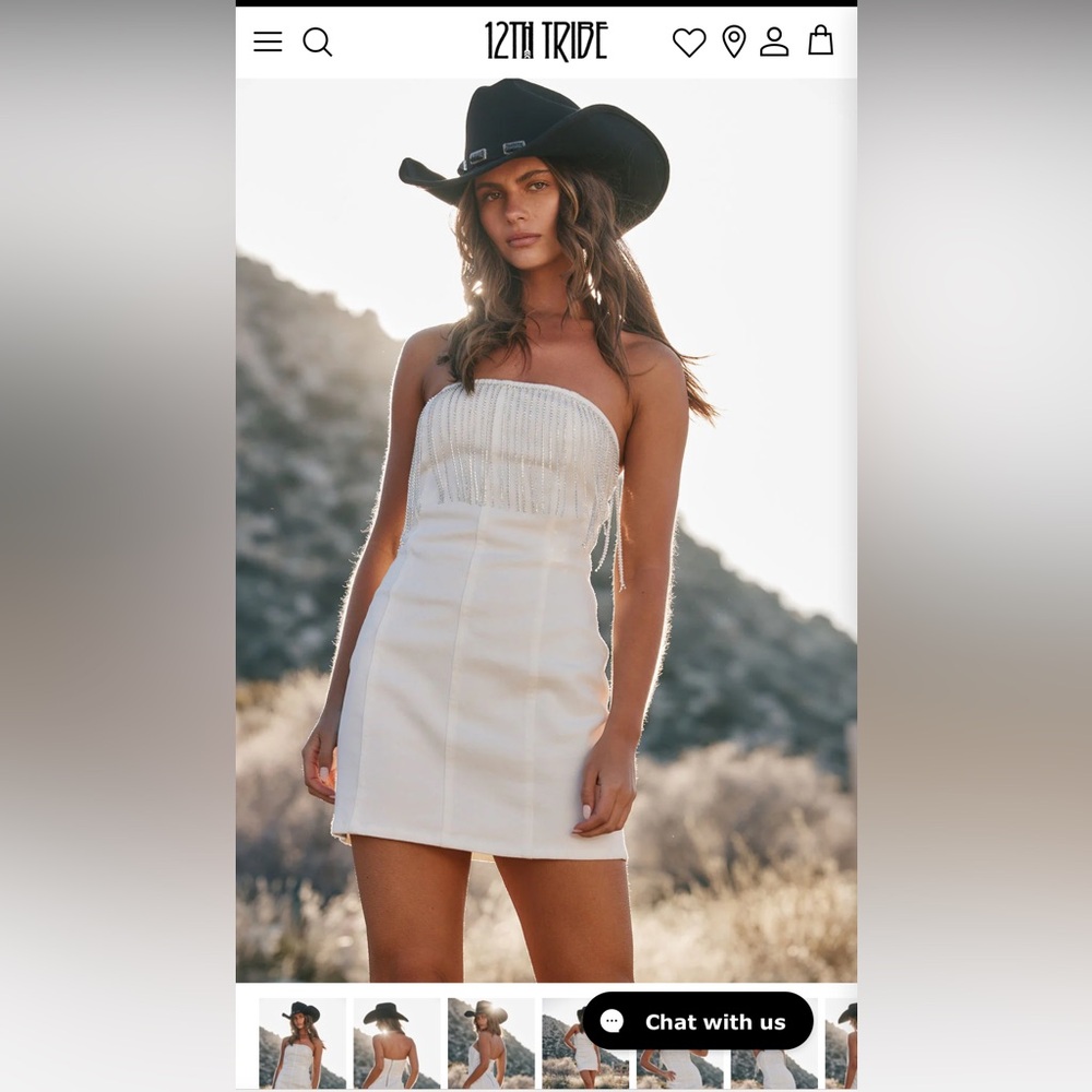 12th Tribe White Denim Strapless Rhinestone Fringe Mini Dress